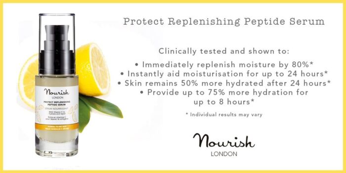 protect replenishing peptide serum. clinically tested and show to. immediately replenish moisture by 80%. instantly aid moisturisation for up to 24 hours.skin remains 50% more hydrated after 24 hours. provide up to 75% more hydration for up to 8 hours.